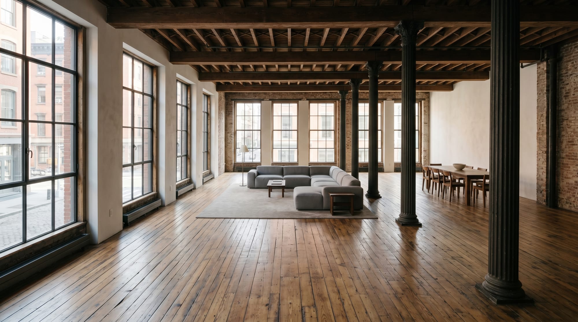 The principal living volume of the Tribeca loft — full-floor cast-iron interior, original columns, tall windows.