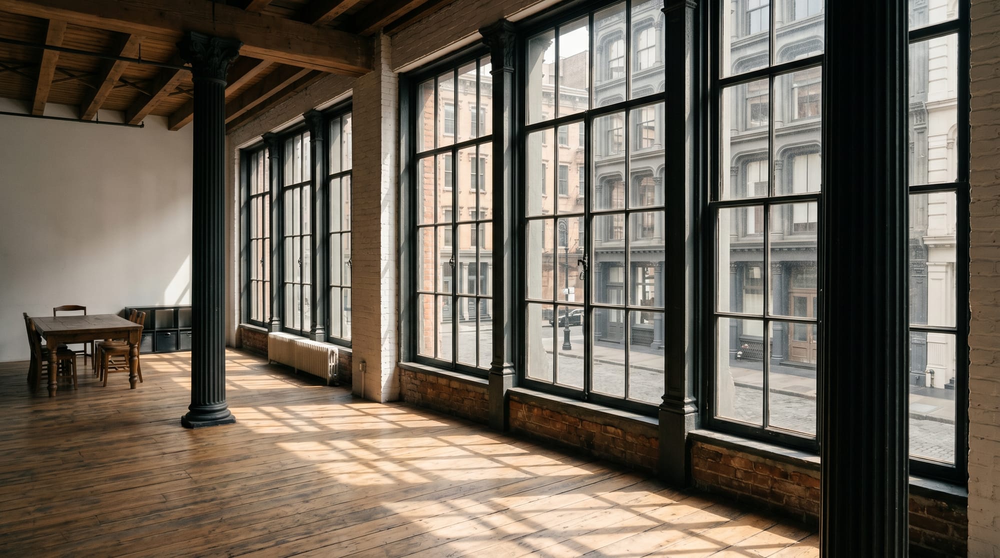 The Greenwich Street frontage seen from within — tall cast-iron windows, full-floor volume.