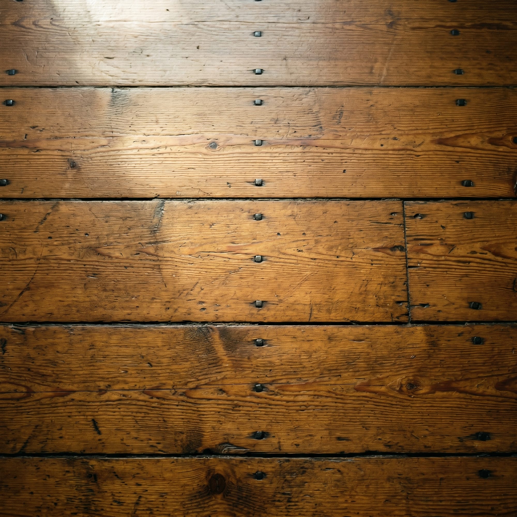 Detail of the original Douglas fir floor planking — deep amber grain, iron-black nail heads, century-old patina.