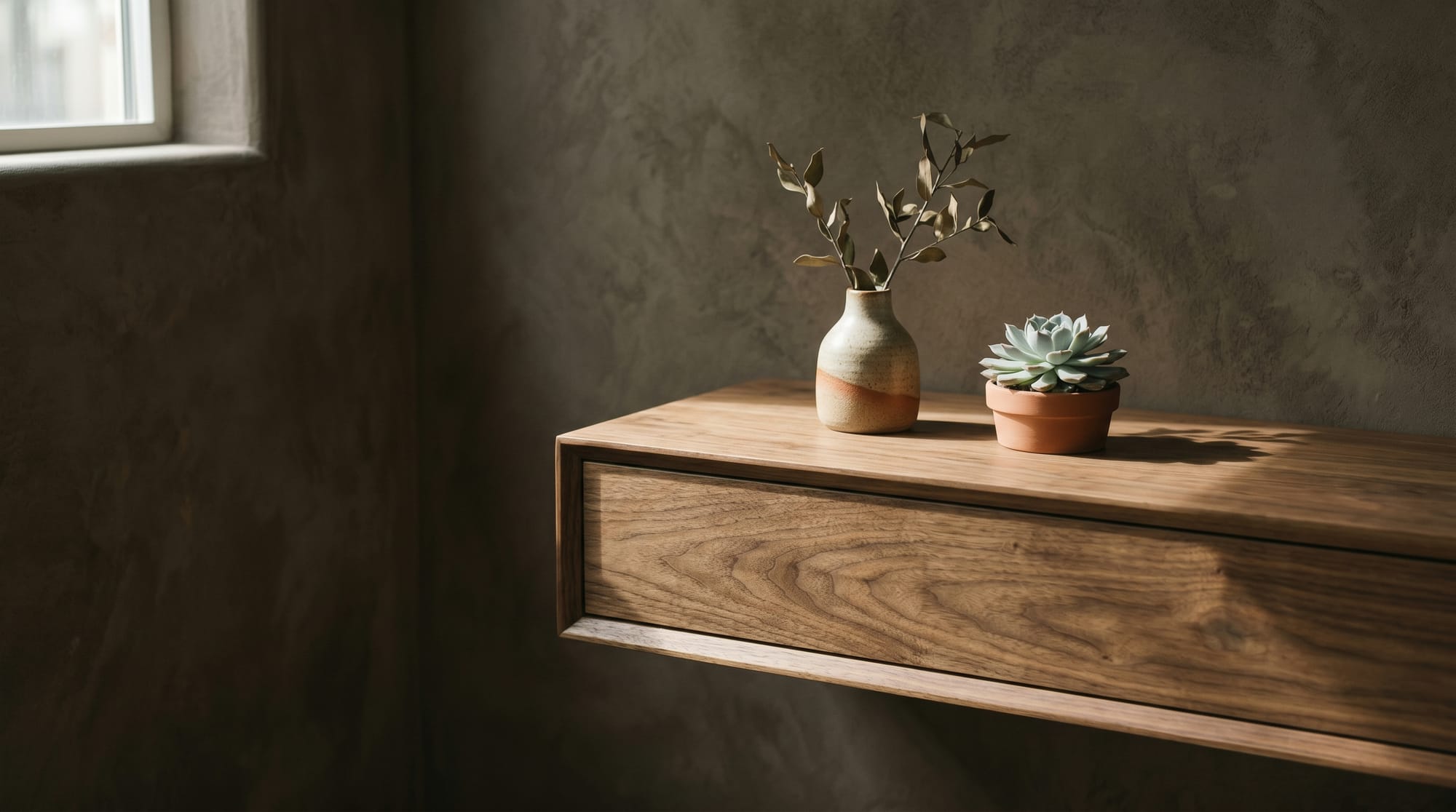 Architectural still-life — a wall-mounted walnut console with a small ceramic vase and a potted succulent on a warm dark wall, side-light from the upper left.