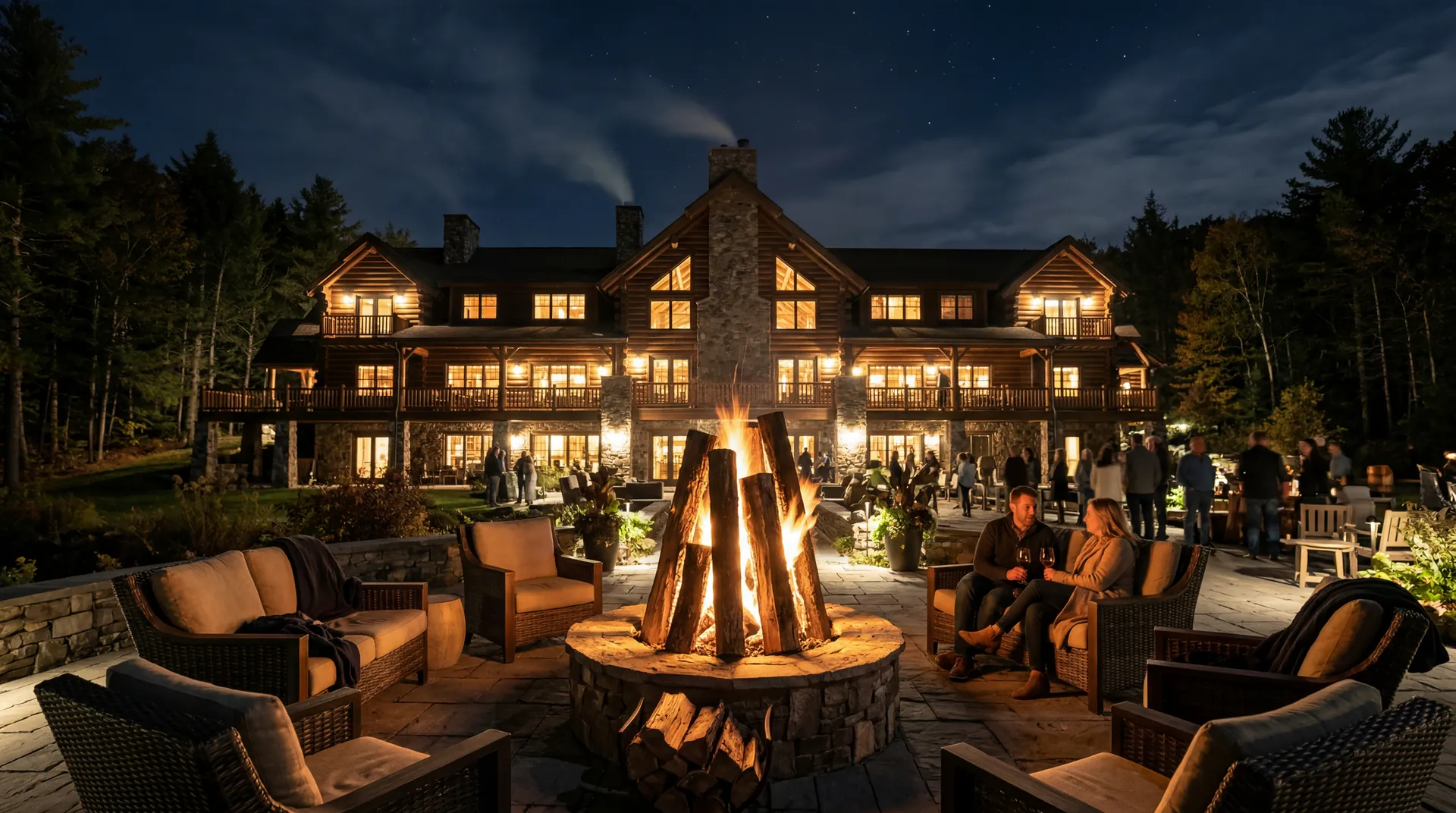 The Swiftwater lodge at night, windows lit
