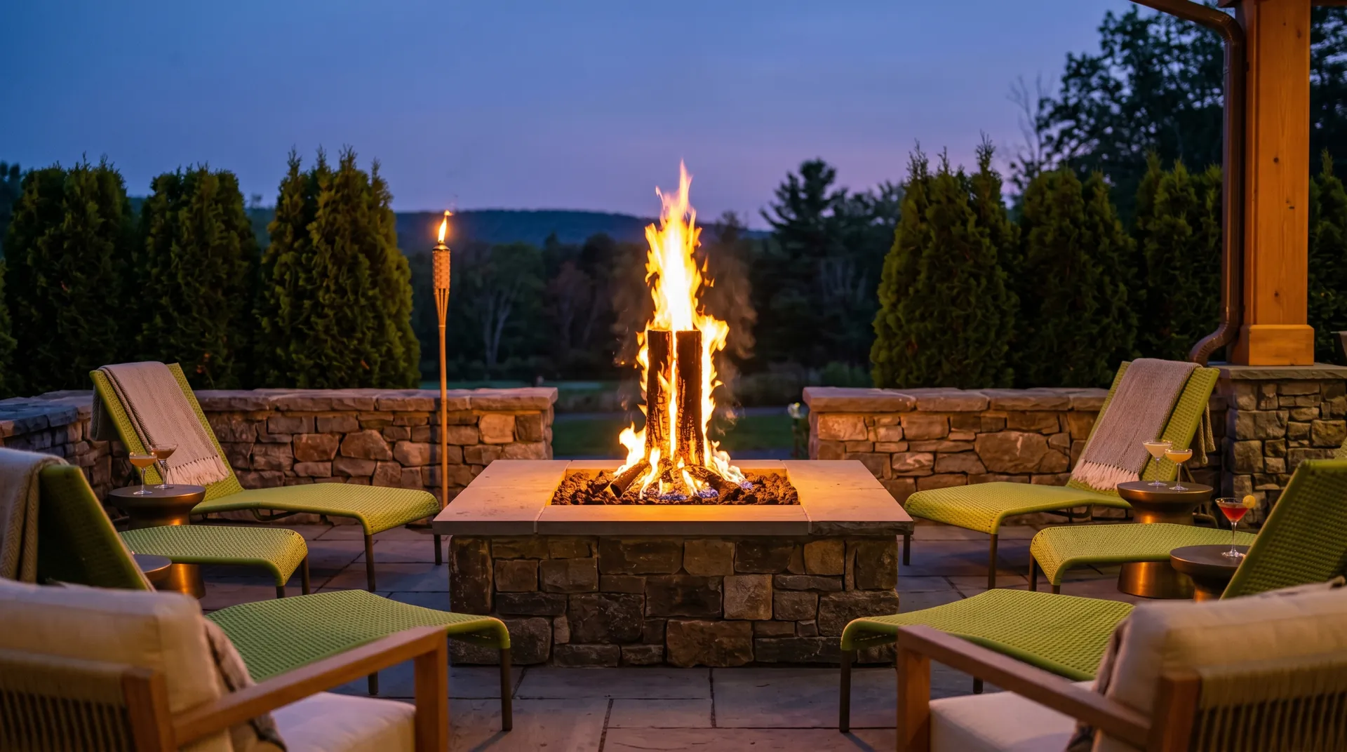 The signature outdoor fire feature at dusk