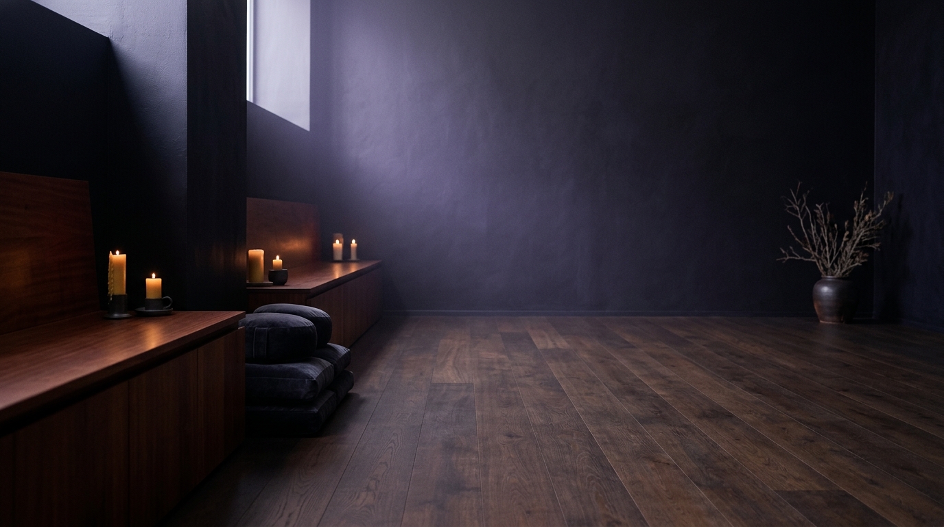 Atelier studio — ambient light, open floor, fabric in motion