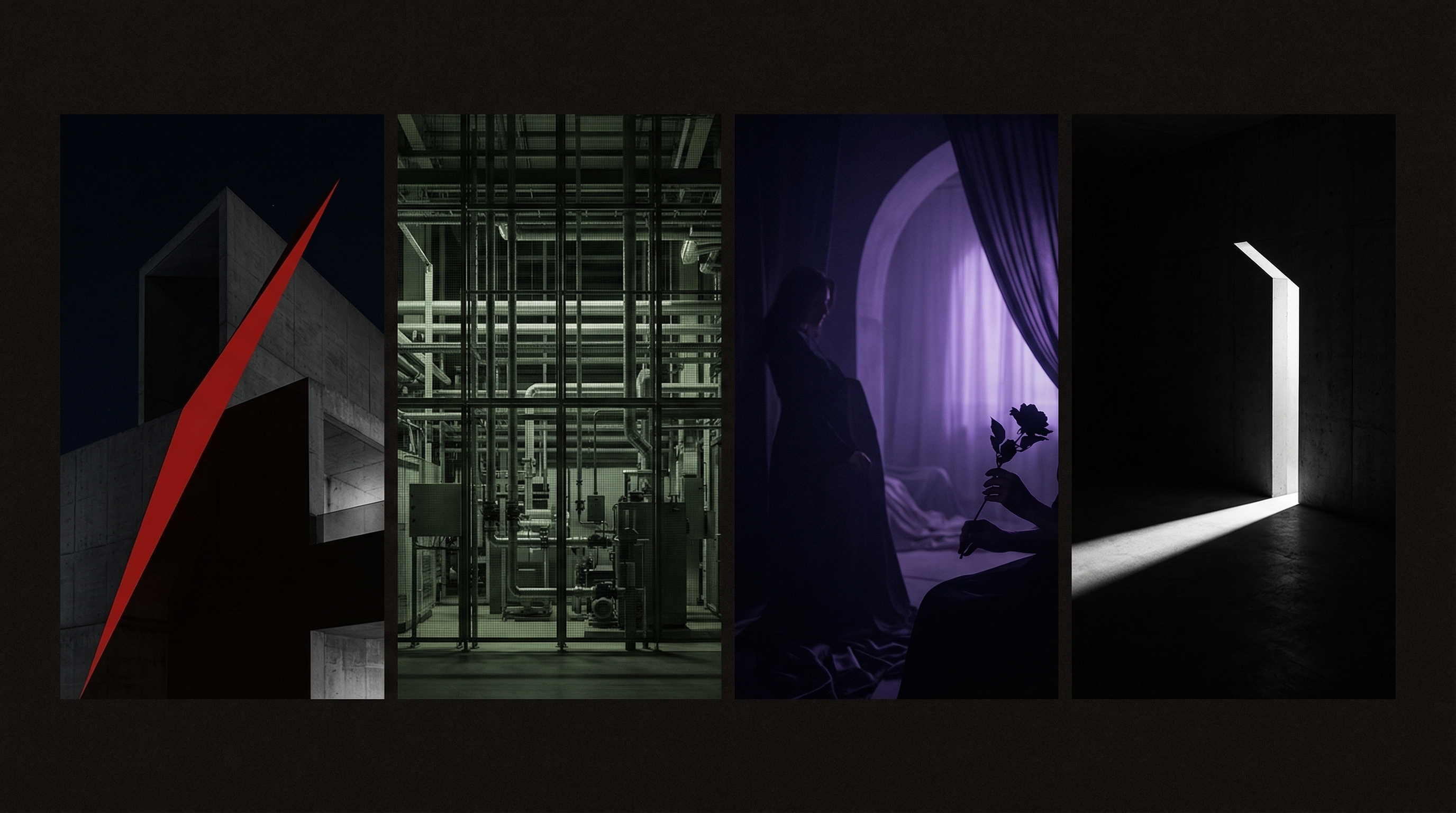 Four ALO Edition visual identities — RED, CONCRETE, VELVET, and VOID — each a distinct design language expressed through editorial light and color